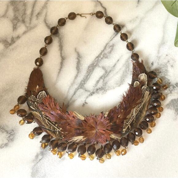 Handmade Bohemian Collar Necklace Feathers Faux Crystals Festival Ren Fest Faire - Picture 2 of 4
